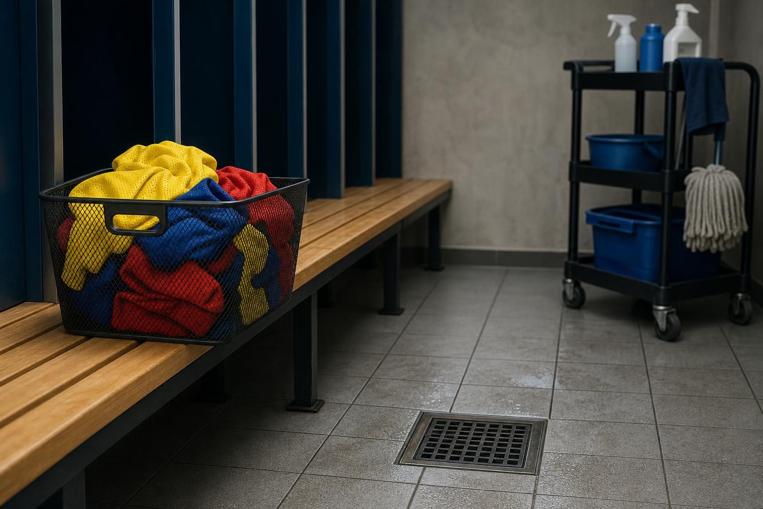 A mesh basket of practice vests sits near a locker room bench, a floor drain, and cleaning supplies.