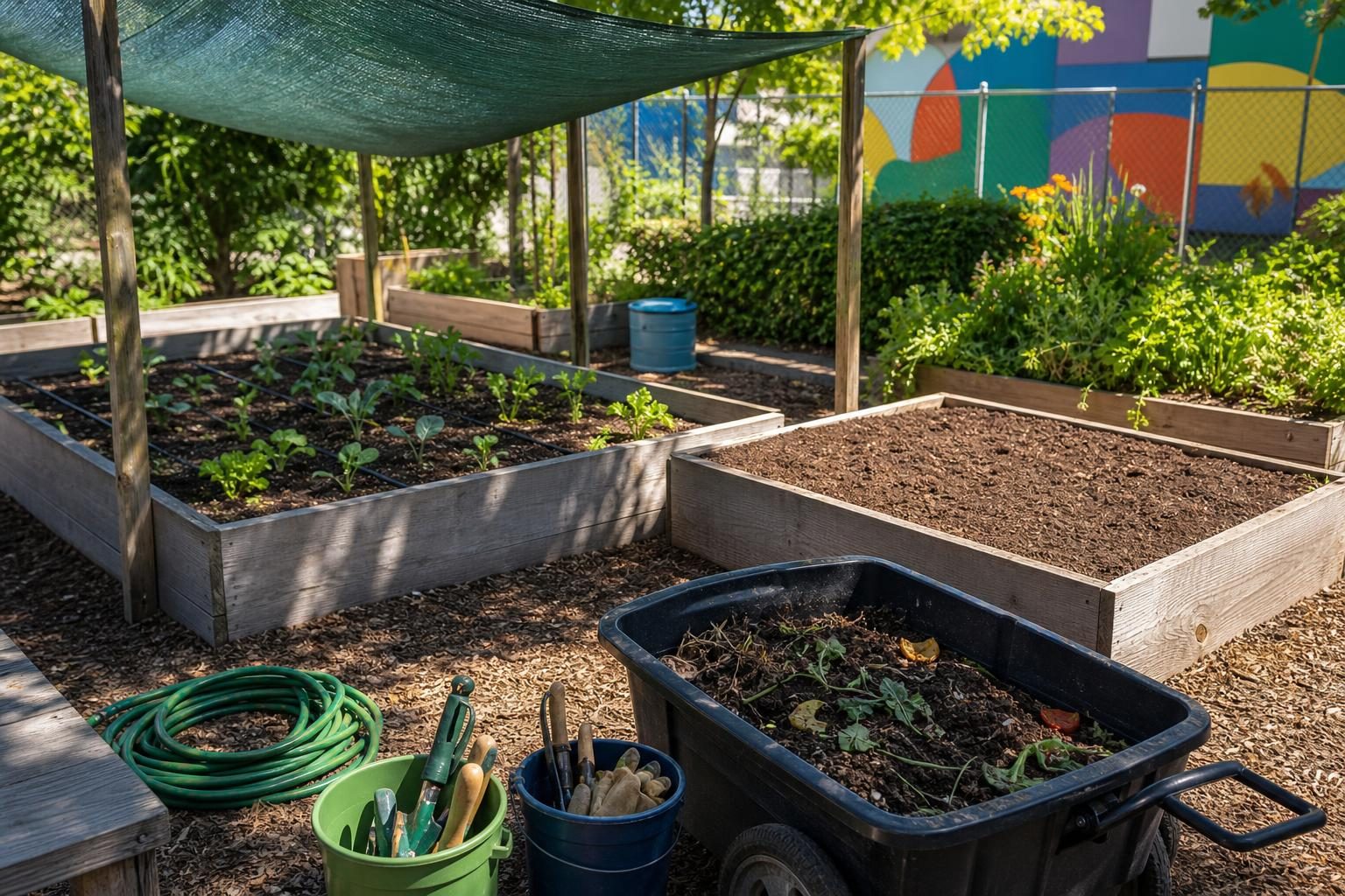 A school garden has tools nearly packed away while small seedlings sit in a shaded bed near an empty sunny bed.