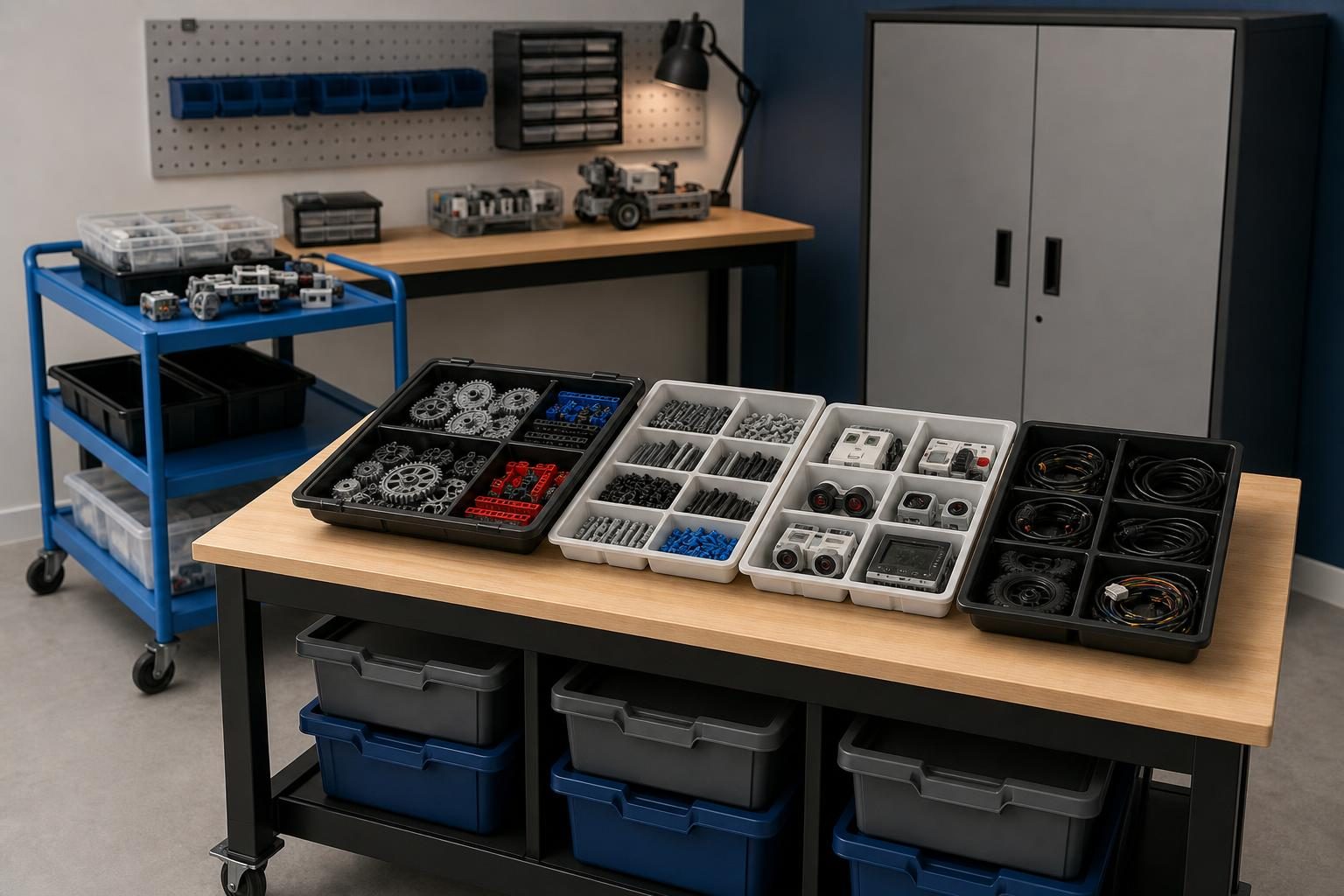 Open trays of robotics parts sit on a storage table beside a rolling cart and cabinet.