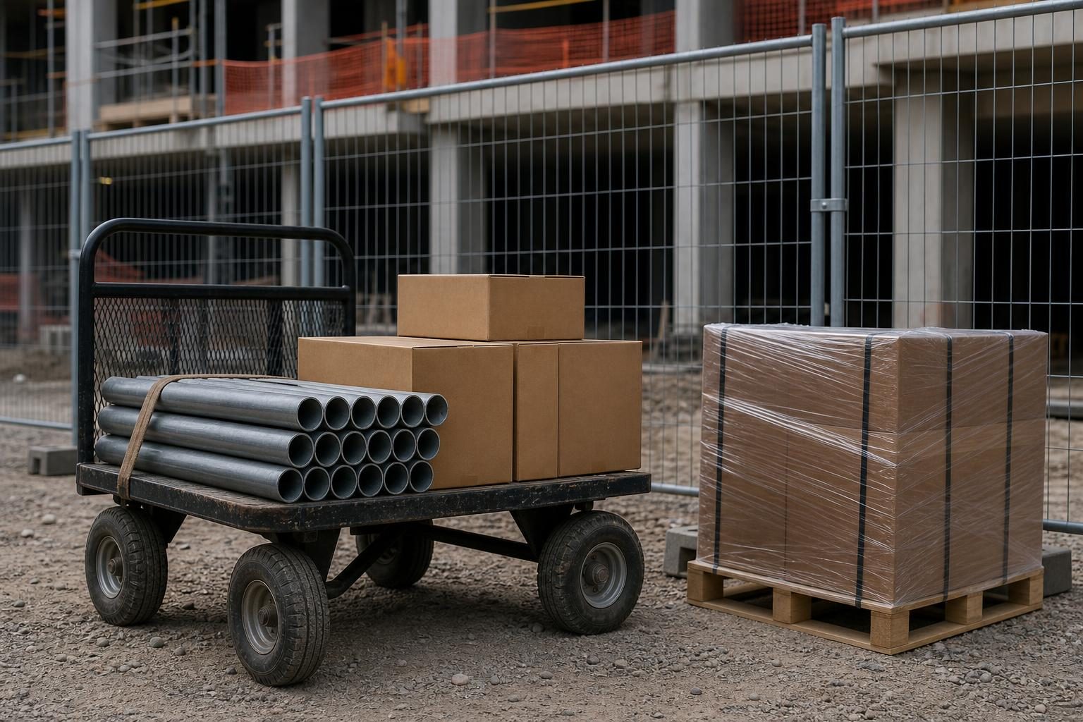 A construction site delivery area shows pipe bundles, plain boxes, and a wrapped pallet beside a temporary fence.