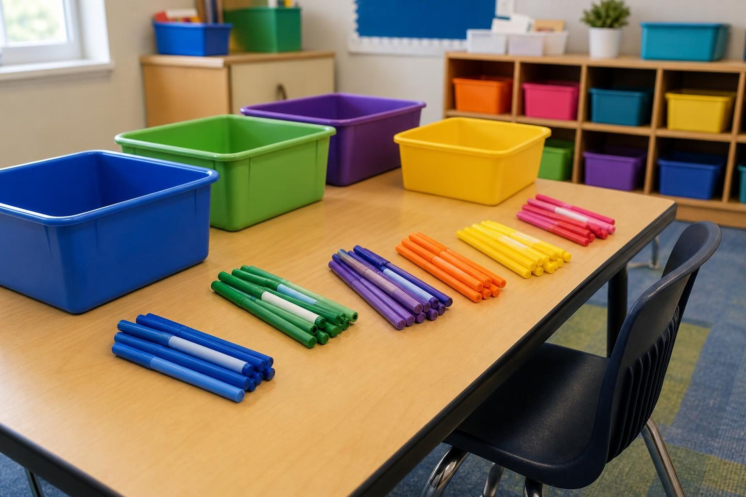 A classroom table shows colored markers sorted near open bins.