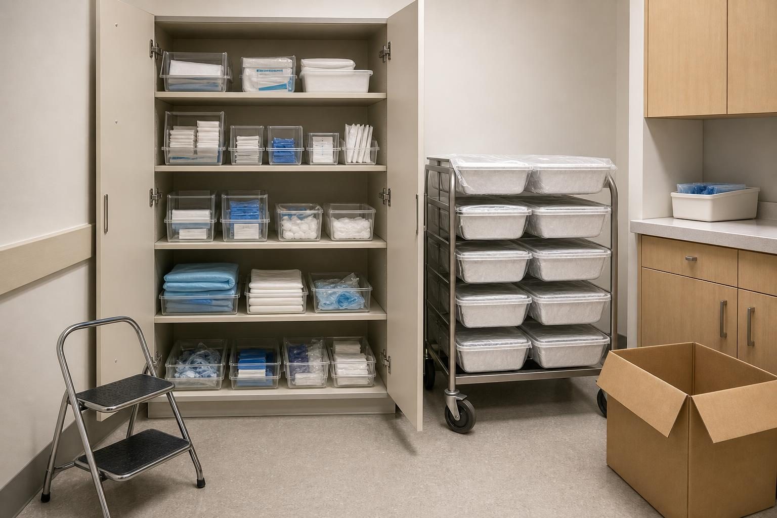 A reorganized clinic supply cabinet stands open beside a cart of sealed tray packs, a step stool, and an empty box.