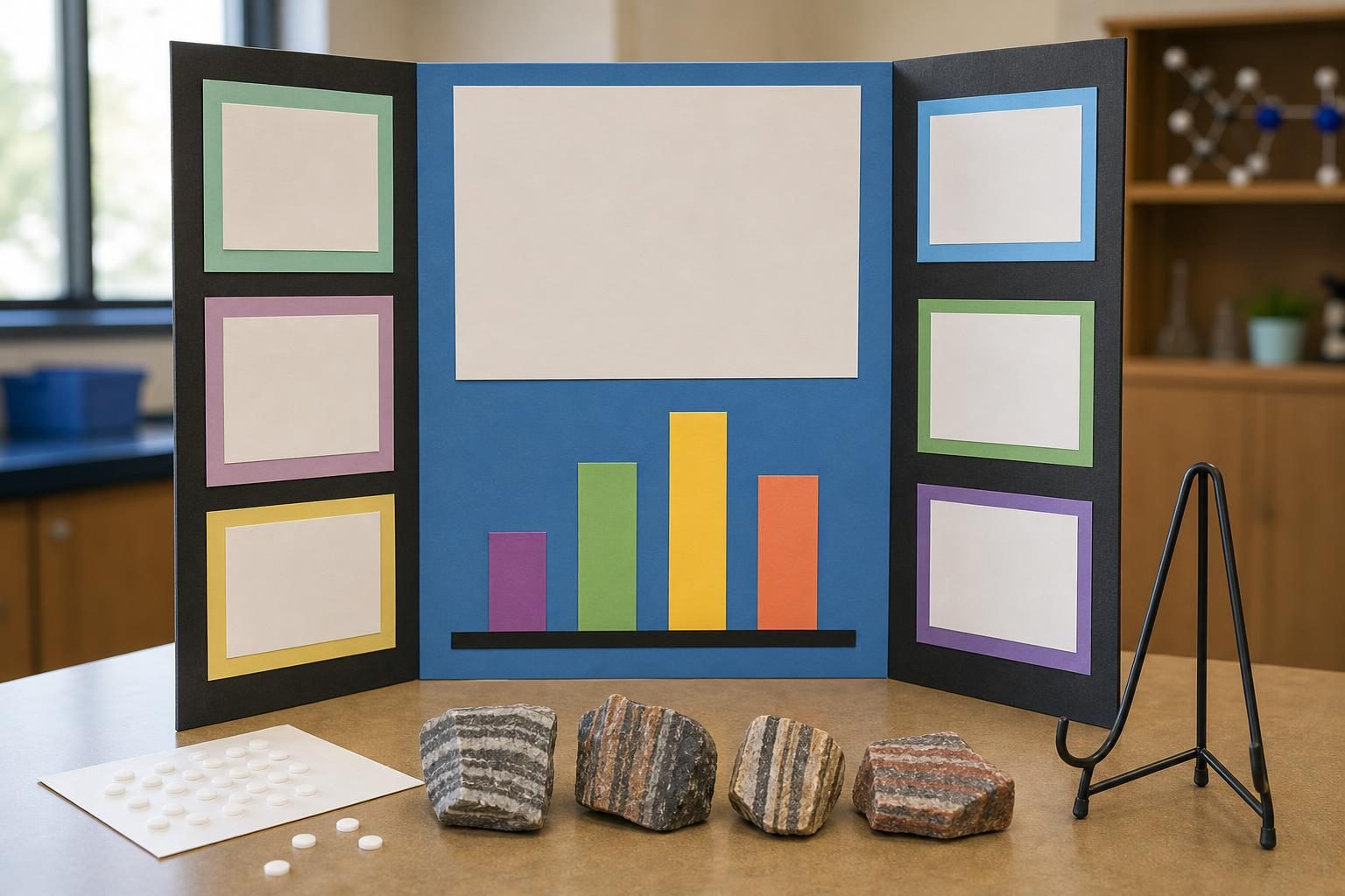 A science fair display table shows a tri-fold board, mineral samples, glue dots, and a display stand ready to be used.