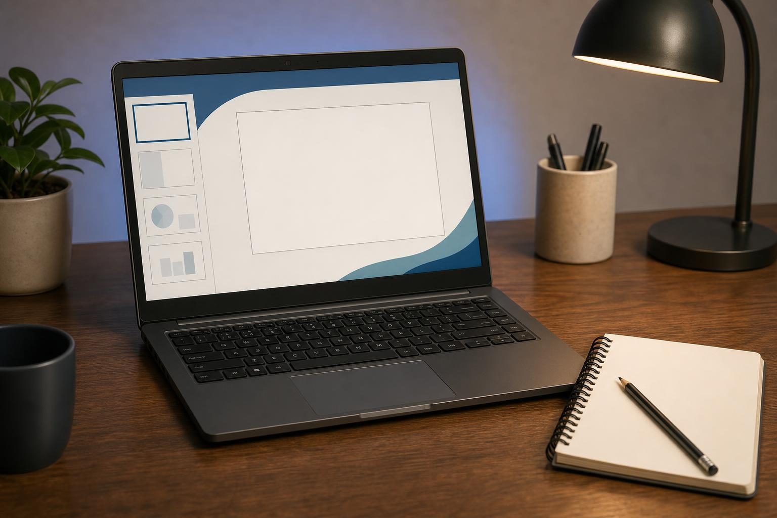 A laptop displays a text-free slide layout with an empty chart space beside a blank notebook and pencil.