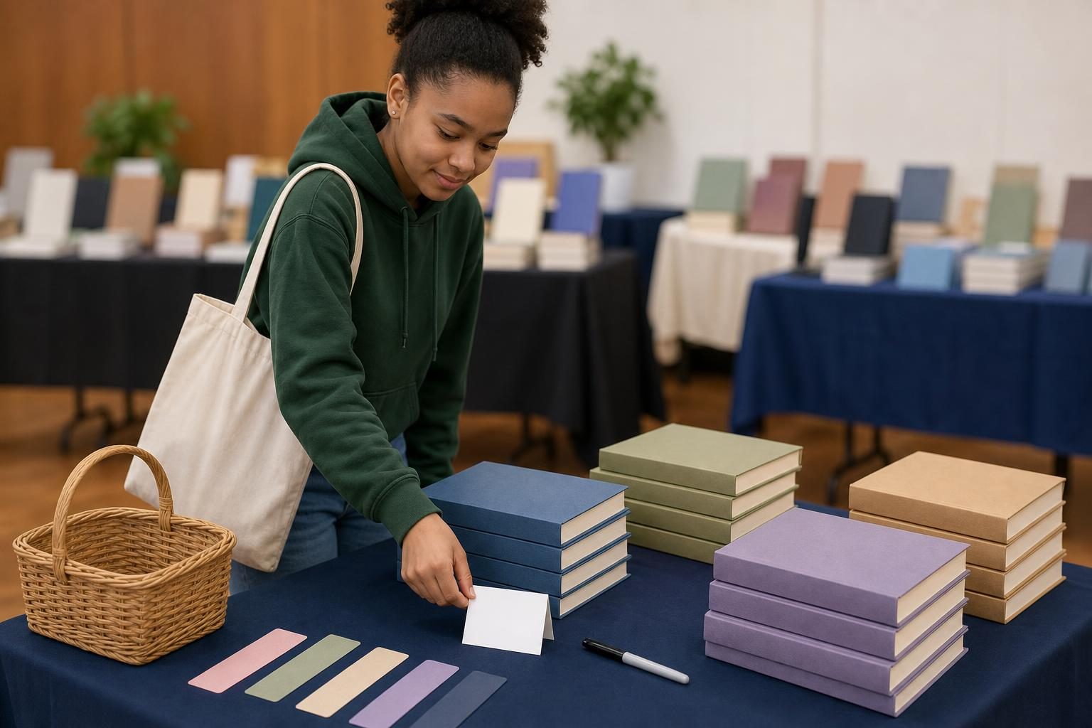A student sets a blank card beside a stack of books on a book fair table.