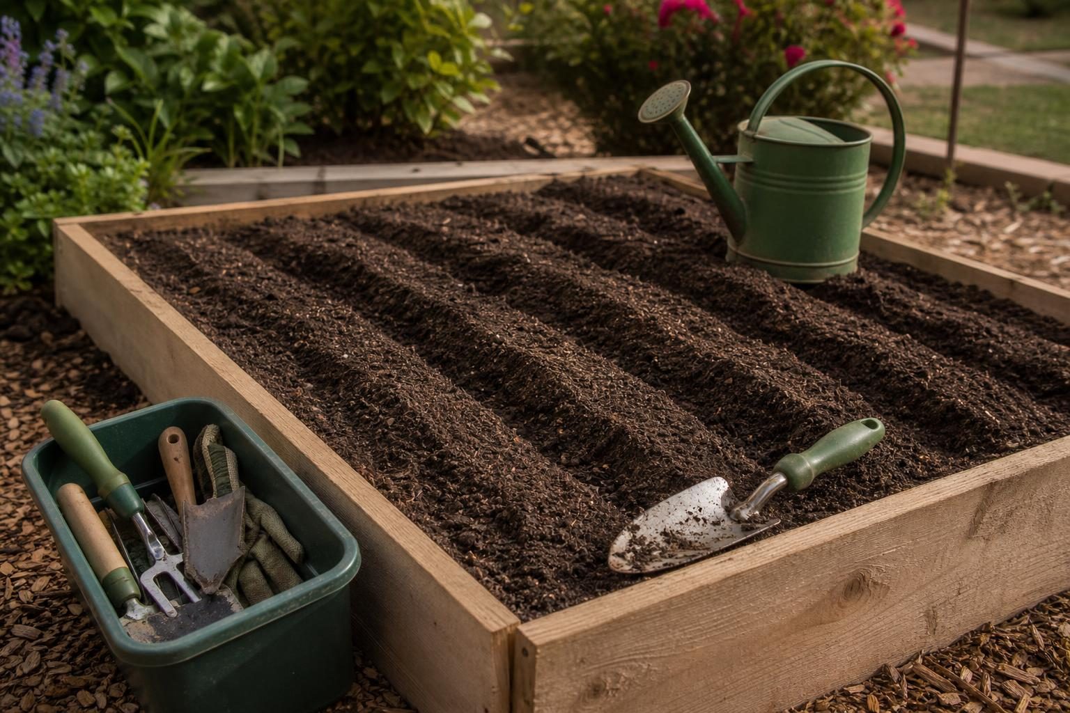 A garden bed shows a watering can with a muddy hand trowel inside and a tool tub nearby.