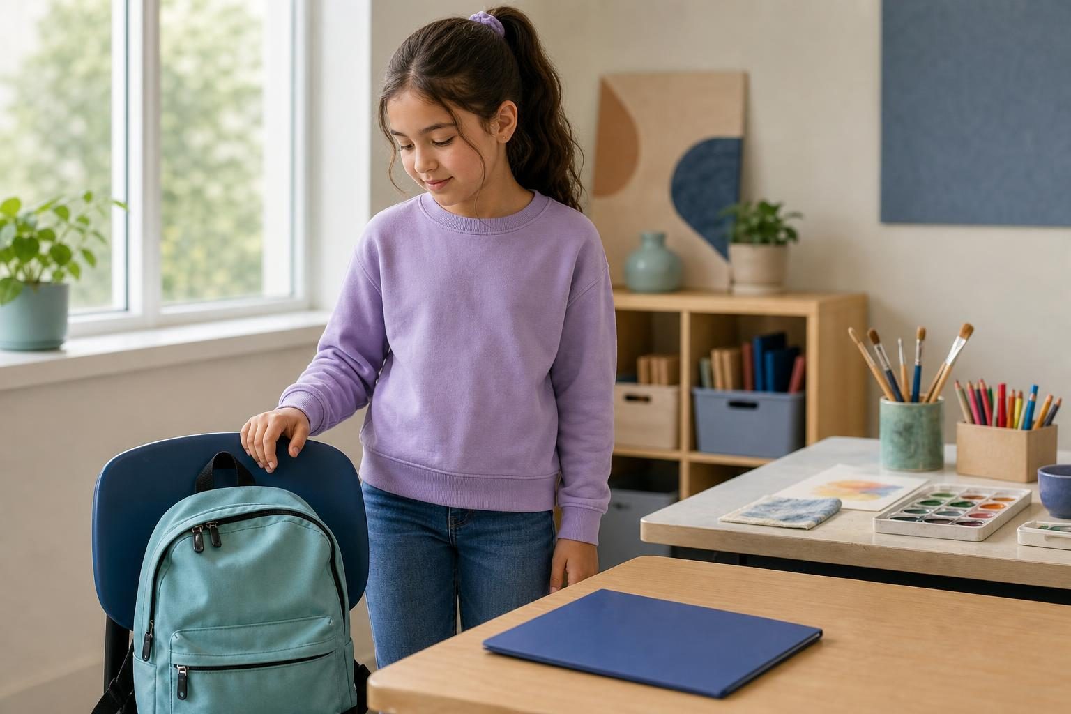 Stella stands near a packed backpack while a plain folder and art tools remain out in the classroom.
