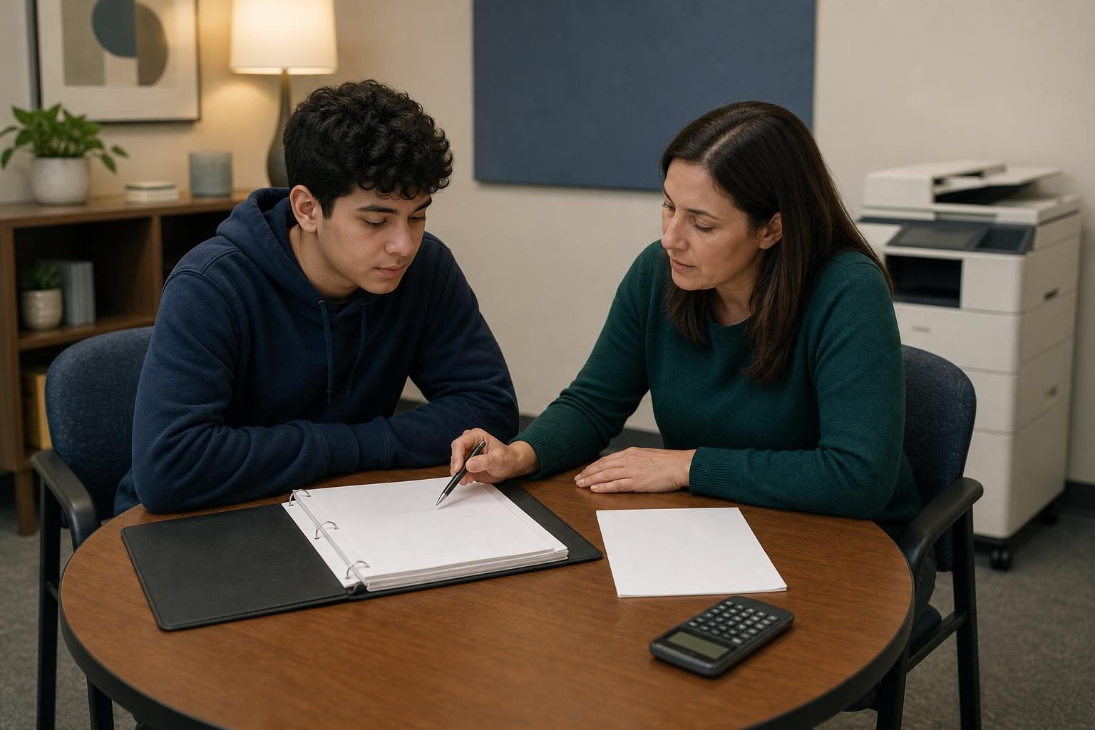 An open binder and tutoring materials sit on a small table while a copier stands across the room.