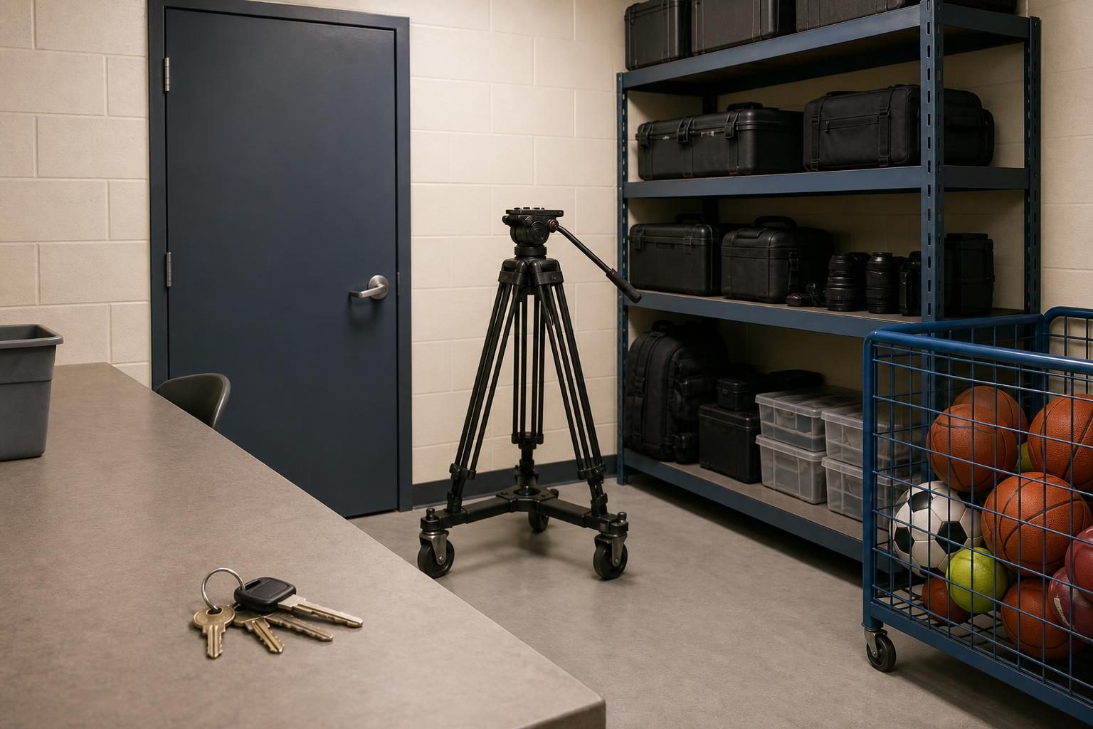 A tripod cart, camera cases, a key ring, and a rolling ball cage are shown near a school equipment room door.