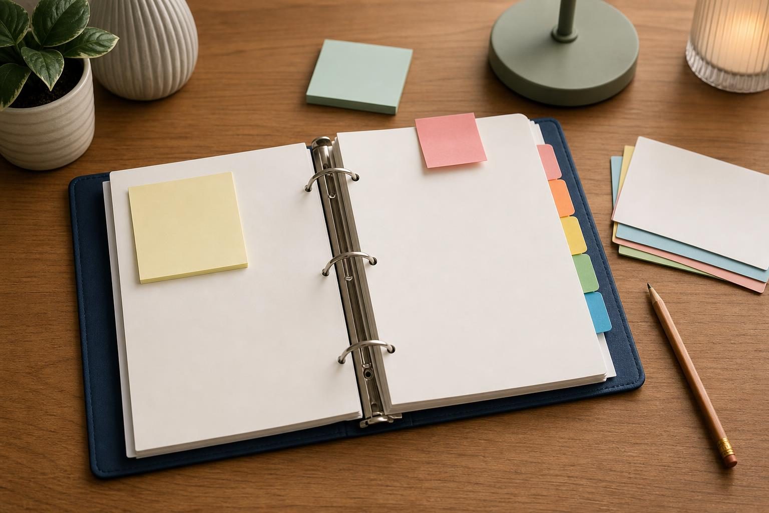 An open binder with blank pages, colored tabs, sticky notes, a pencil, and loose cards sits on a neat tabletop.