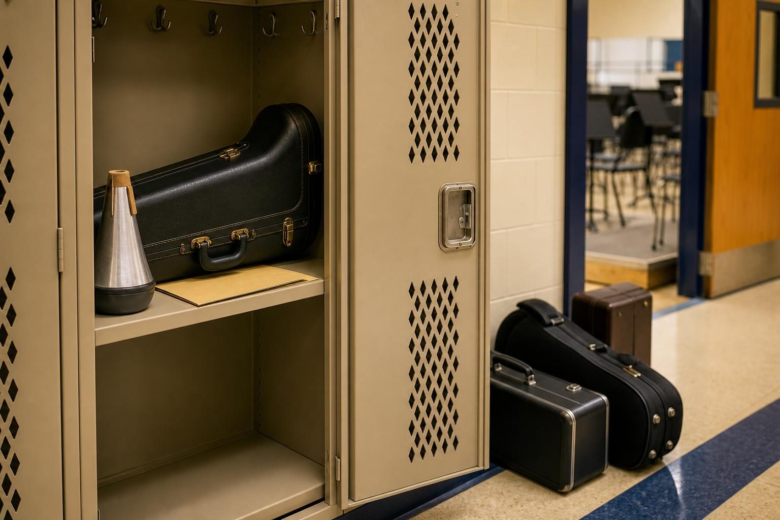 An instrument locker is open with a trombone case, a plain folder, and a mute arranged nearby.