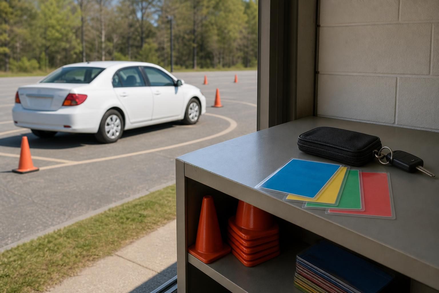 A key pouch and laminated cards sit near traffic cones and a parked training car in a driver's-ed practice area.