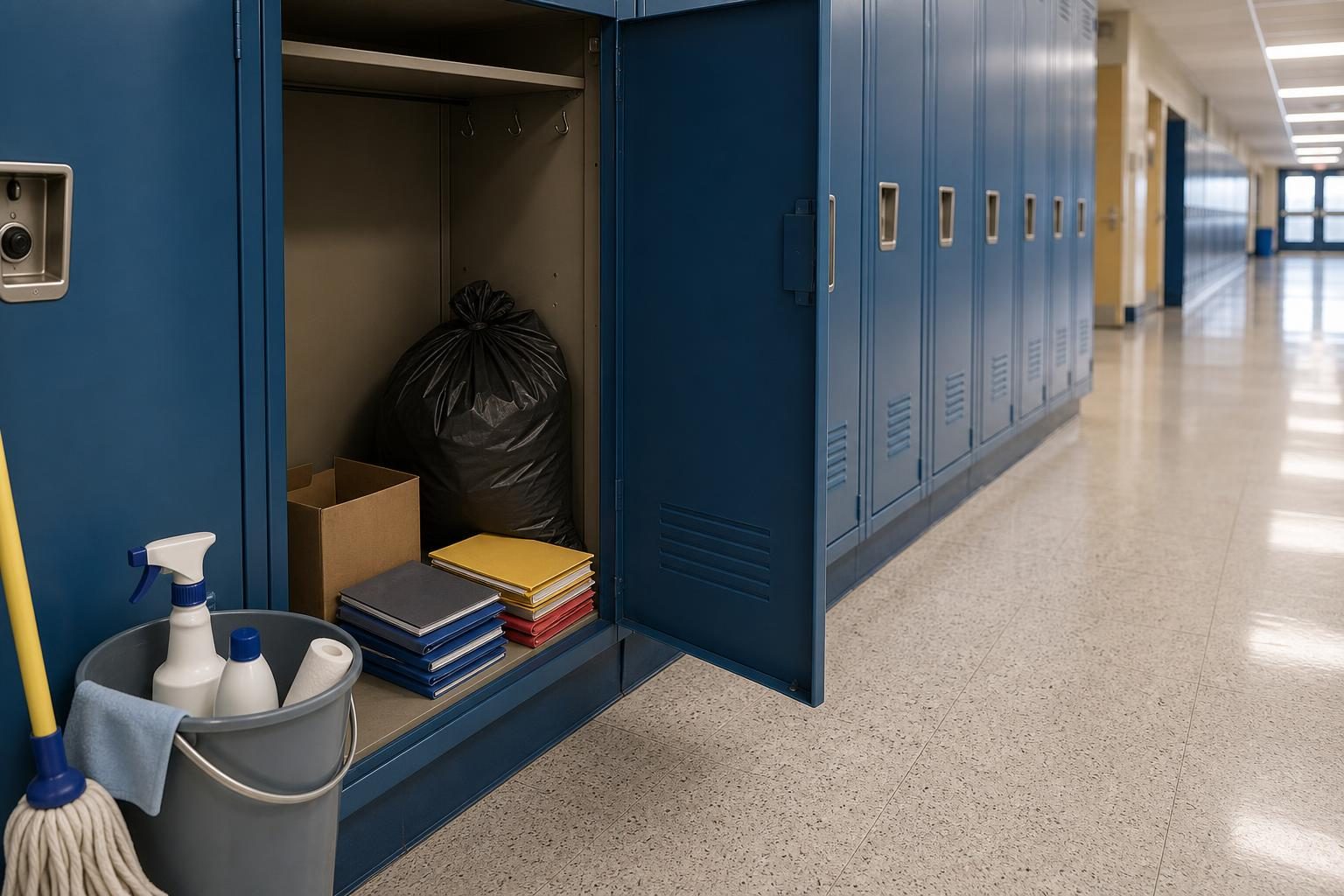 Plain school supplies are sorted near an open locker during a calm locker clean-out.