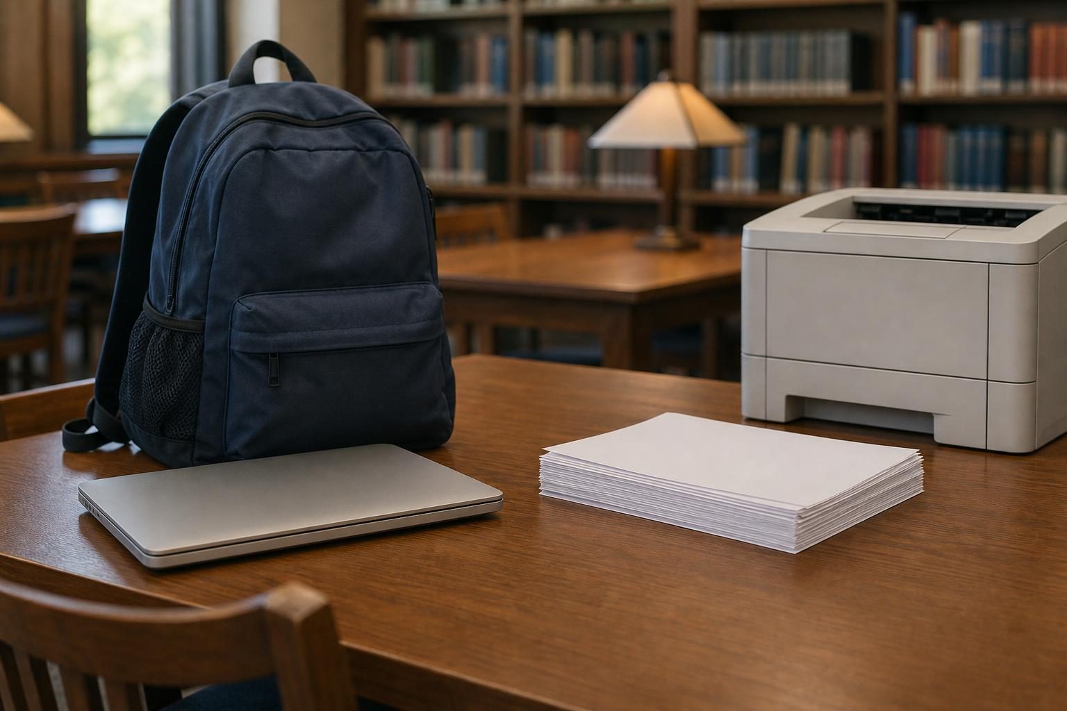 Una mochila, una computadora portátil cerrada, papeles sin diseño y una impresora están sobre una mesa tranquila de biblioteca.