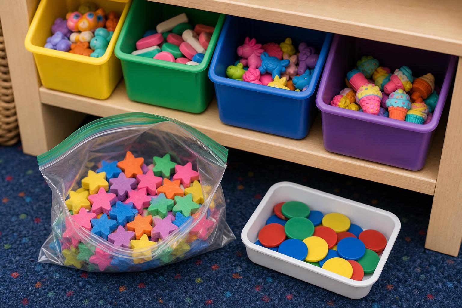 A class store shelf shows bins of supplies, a token tray, and an open bag of star-shaped erasers.