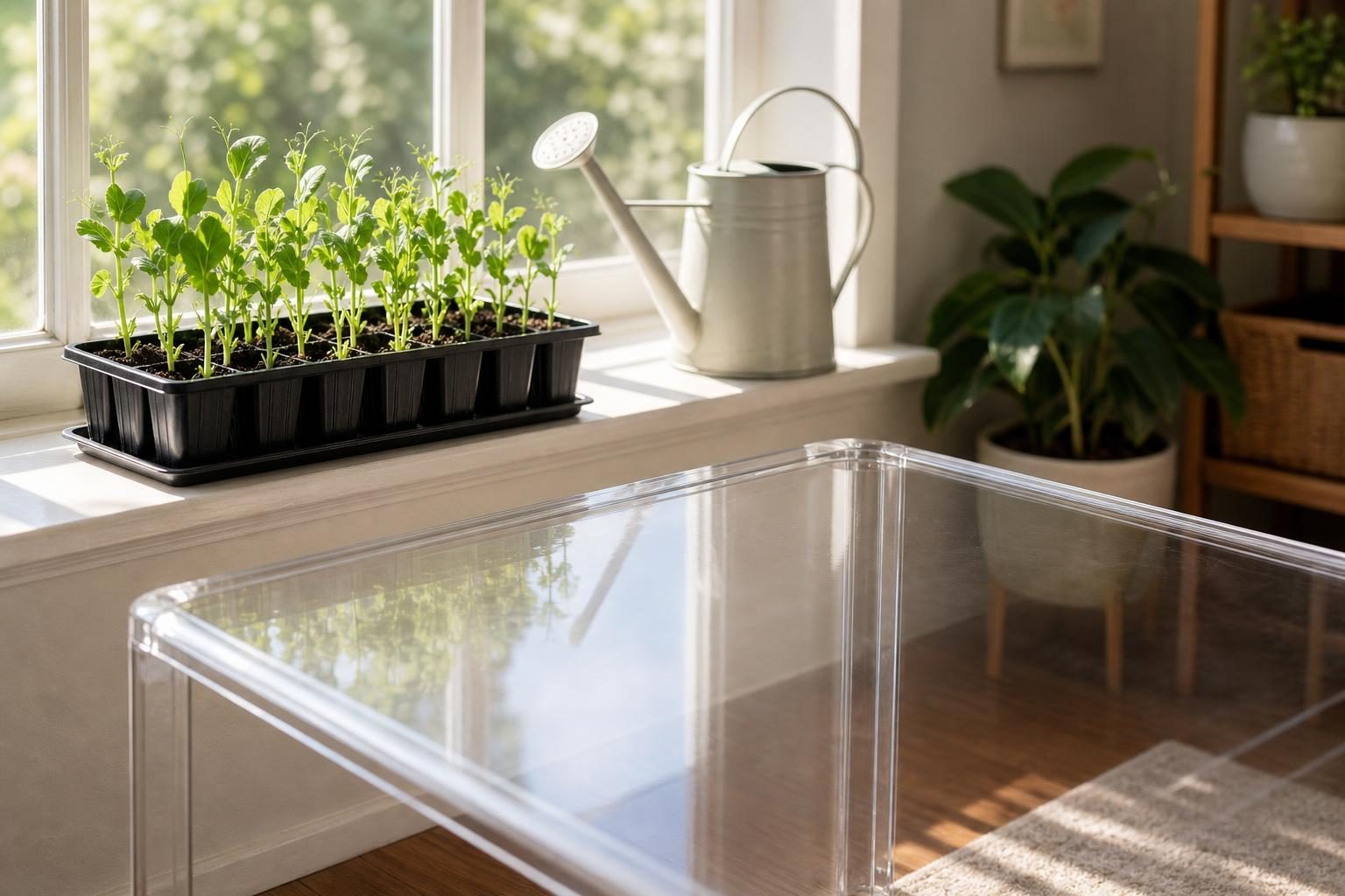 A tray of pea sprouts sits on a sunny windowsill near a watering can and an empty table.
