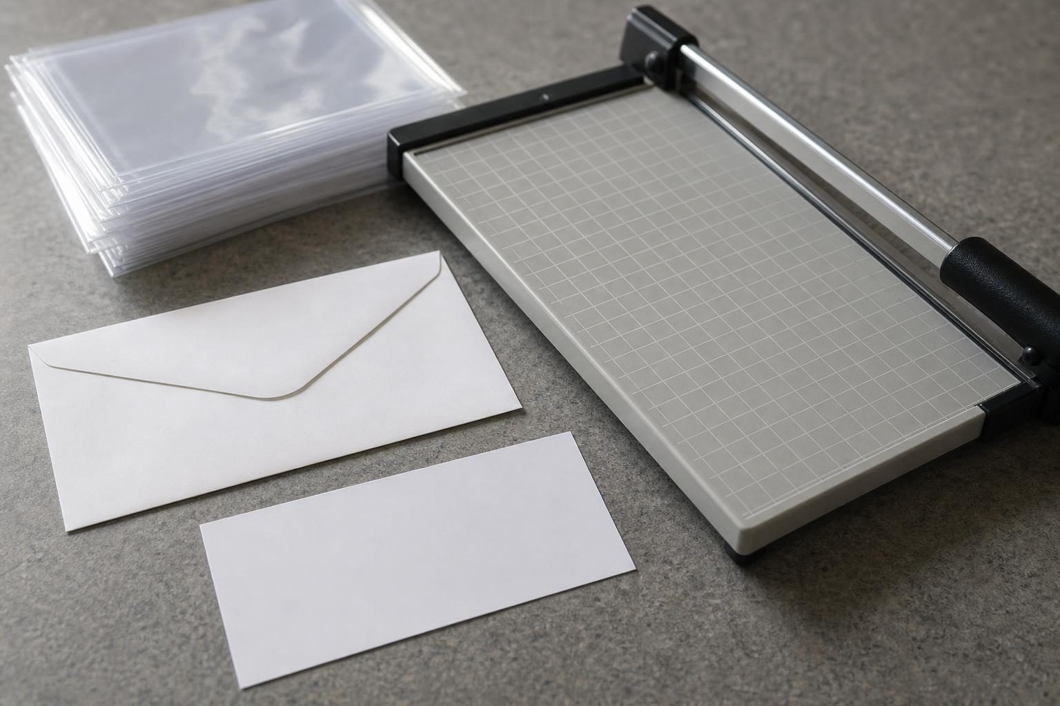 A pay envelope, paper slip, paper cutter, and plastic sleeves sit neatly on a worktable.