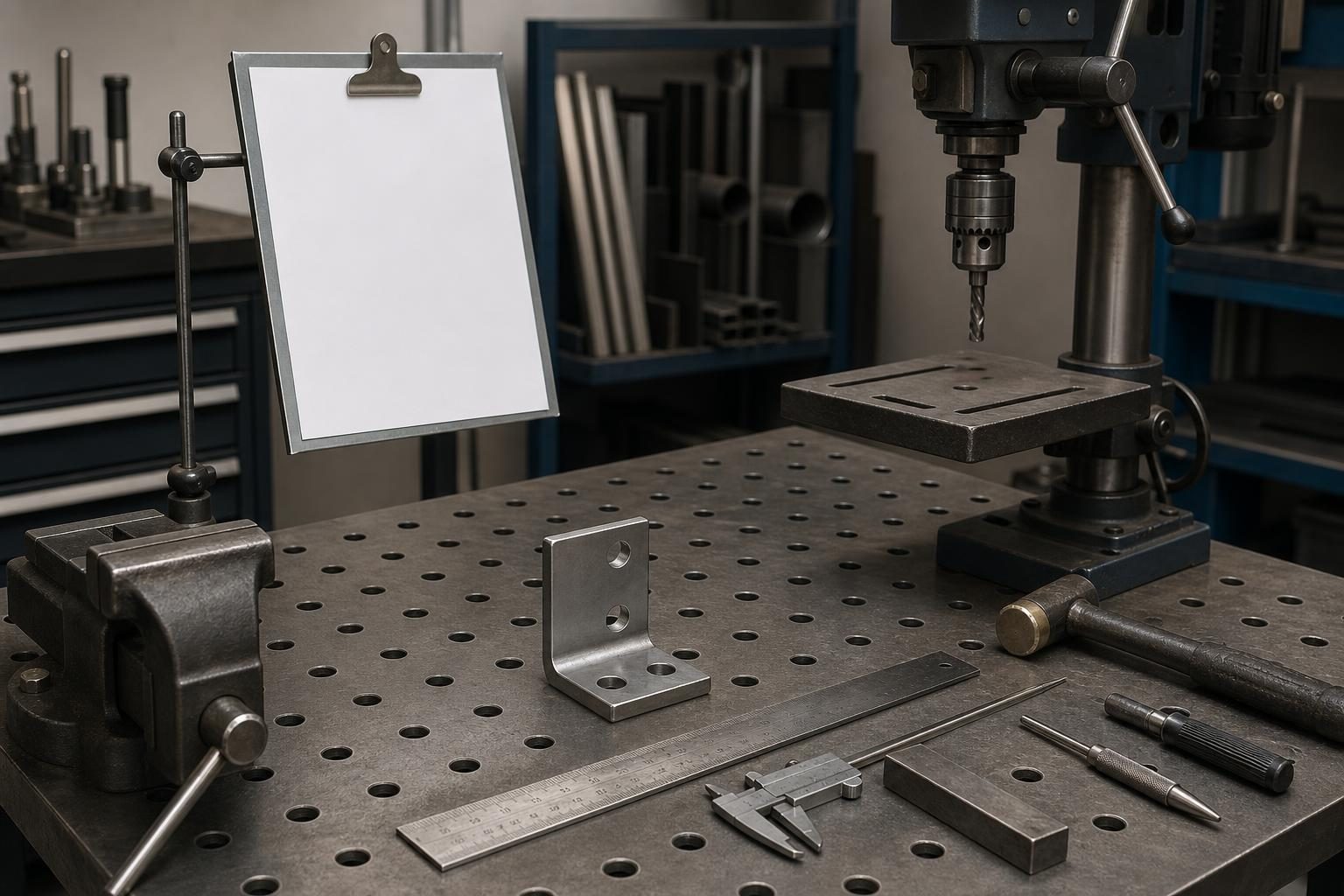 A neat fabrication bench shows a metal bracket near a drill press and a blank clipped paper beside it.