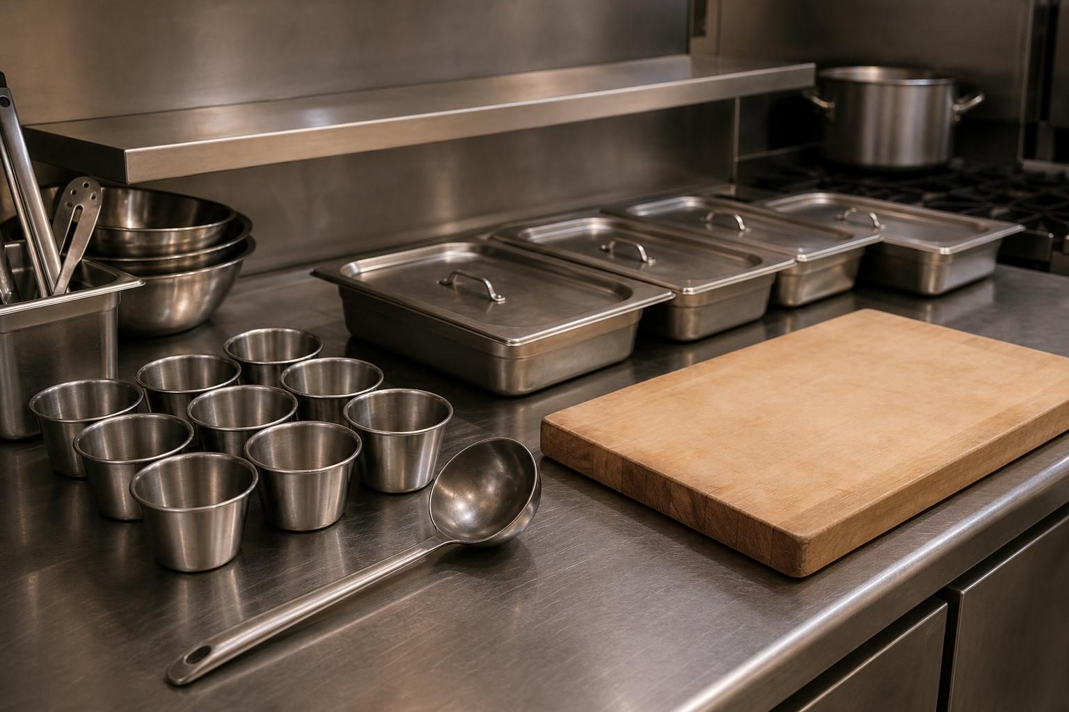 A kitchen prep counter holds sauce cups, tools, and covered pans ready to be organized.