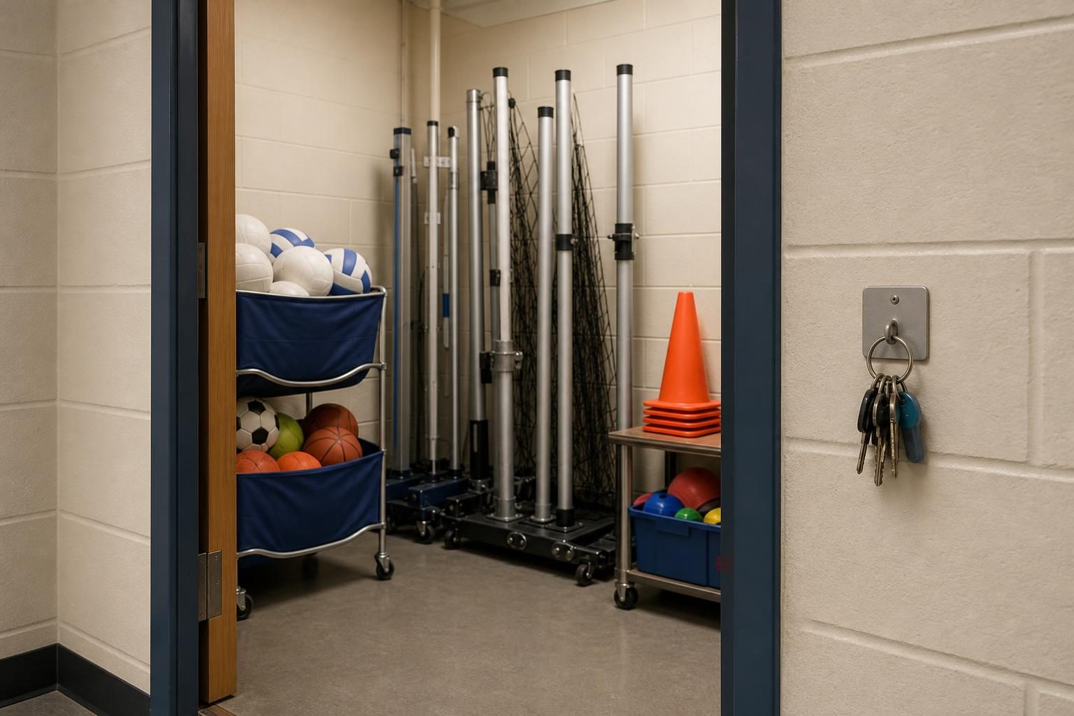 A gym equipment room entrance shows sports equipment arranged near a hook holding a key ring.
