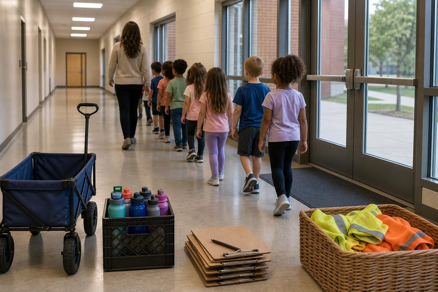 A wagon and field trip supplies sit beside a class line in a school hallway.