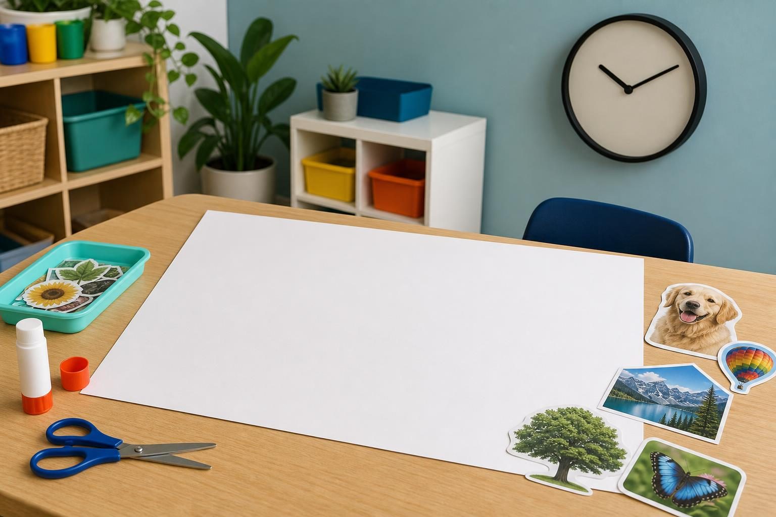 A classroom table holds poster supplies beside a plain clock.