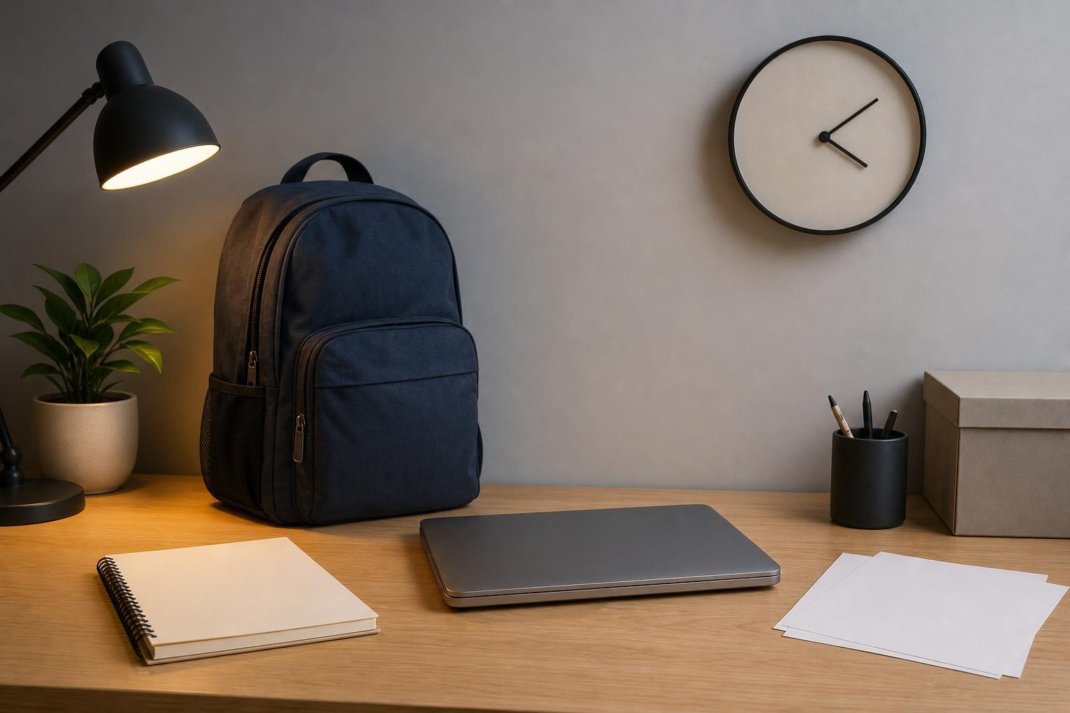 Un escritorio escolar tiene una computadora portátil cerrada, una mochila, hojas en blanco y un reloj sencillo.